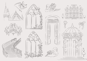 Naklejka premium Chateau Architecture & Romantic Elements. Vintage Vector Sketch Collection