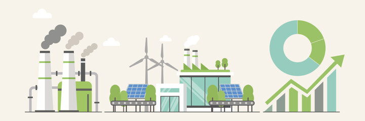 Industrial energy transition showing polluted factory and green factory with wind turbines solar panels and business growth chart for net zero concept
