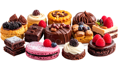 Beautiful assortment of sweet desserts including cakes, pastries, cookies, and chocolates arranged neatly, soft lighting, appetizing presentation, isolated on transparent background