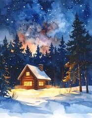Winter cabin in a snowy forest under a starry night sky. Watercolor style