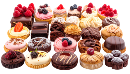 Beautiful assortment of sweet desserts including cakes, pastries, cookies, and chocolates arranged neatly, soft studio lighting, appetizing presentation, isolated on transparent background