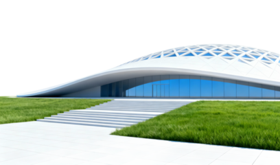 Modern Architectural Structure with Glass and Lawn