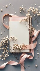 Minimal Notebook with Baby&rsquo;s Breath and Ribbon Flat Lay