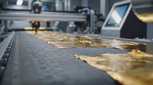 Industrial machinery manufacturing process with conveyor belt and robotic arm