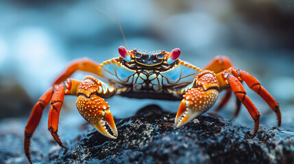 Close-up of a vibrant crab with detailed colorful features perched on a dark rock surface by the