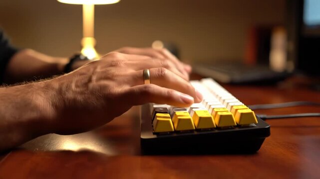 Person typing on a custom keyboard with yellow and white keys on a wooden desk