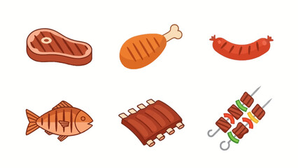 Delicious Grilled Food Collection Steak, Chicken, Sausage, Fish, Ribs, and Skewers. Perfect for BBQ