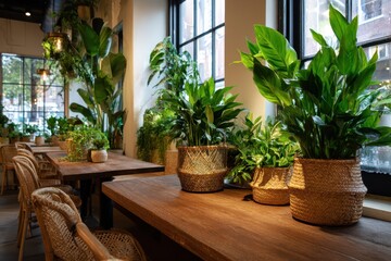 Cozy plant vignette in a modern living space featuring tropical basket planters and lush leaves