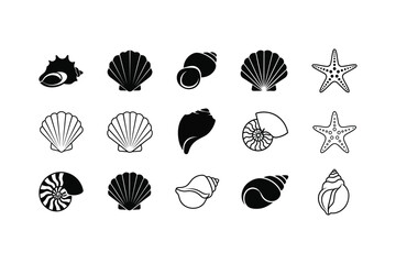 Silhouette of various seashells and starfish on a white background