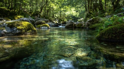 Crystal-clear forest stream with sunlit reflections on tranquil water