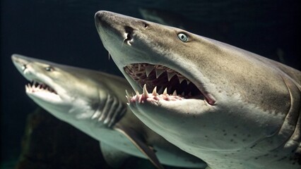 Fototapeta premium Close Up Shot of Shark Teeth Revealing Powerful Predatory Nature in Marine Wildlife Detail