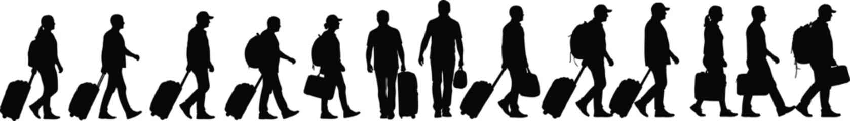 Silhouette of people walking in a line with luggage silhouette