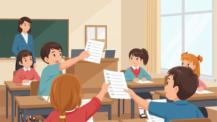 Children in classroom raising hands with papers during lesson.
