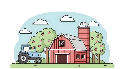 Rustic Farmstead with Red Barn and Tractor Rural Farmhouse and Field with Tractor 