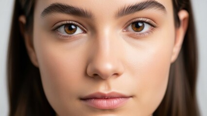 Fototapeta premium A captivating close-up portrait of a young woman with natural beauty and expressive eyes