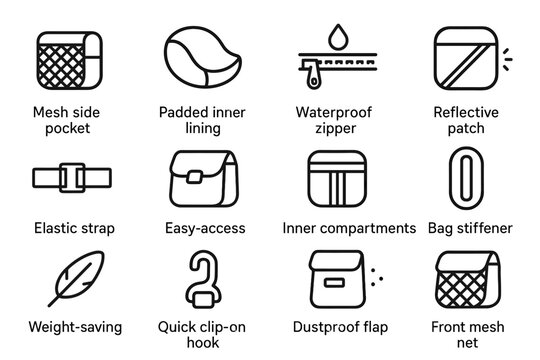 Zipper net features icon inner vector quick bag compartments bike lining strap