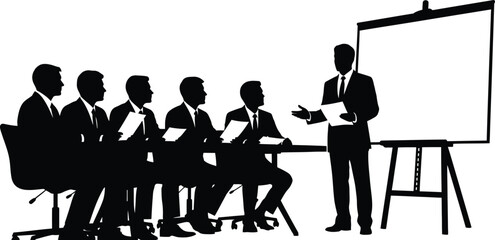 Business meeting silhouette with presenter and audience in front of whiteboard