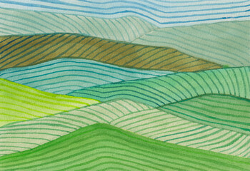Wavy Landscape Striped Hills Watercolor Abstract Painting Art