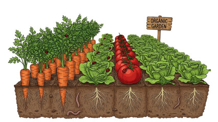 Organic Vegetable Garden Cartoon Carrots Tomatoes Lettuce Garden Soil Roots and Worm in Veggie Bed 