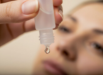 Woman receiving eye drops from a dropper held by a hand