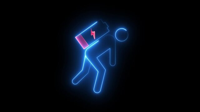 Neon Low Energy Worker Icon Animation on Black Background, Exhausted Person with Battery Symbol, Tired worker, Burnout, Fatigue, Low Power Status, Mental Health