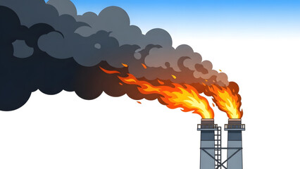 Gas Flaring with Flames and Smoke Methane Burn-Off from Industrial Towers Oil Refinery Stack Burning Excess Gas 