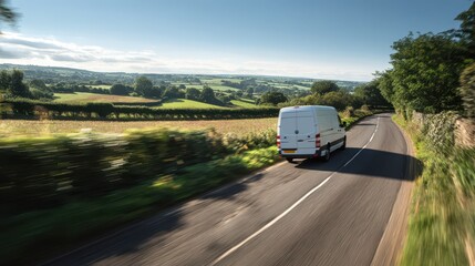 Delivery van speeding along a sunlit country road with motion blur
