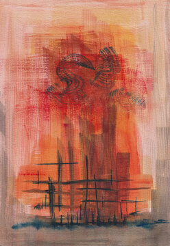 Burning Memory, Fiery abstract cityscape structure painting