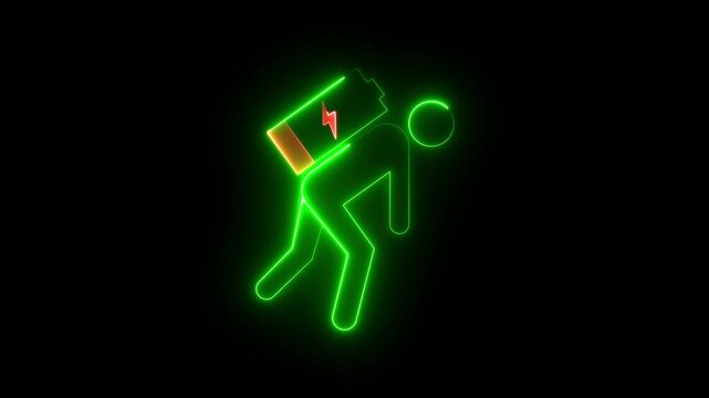 Neon Low Energy Worker Icon Animation on Black Background, Exhausted Person with Battery Symbol, Tired worker, Burnout, Fatigue, Low Power Status, Mental Health