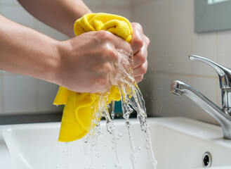 Hands wringing out a yellow cloth under a running faucet in a bathroom sink