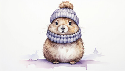 Cute Groundhog Day Illustration with Adorable Groundhog Wearing Winter Hat and Scarf