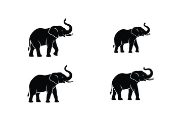 Four black silhouettes of elephants on white background silhouette