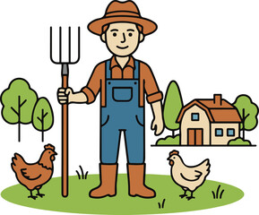 Cartoon farmer holding a pitchfork standing in a farm landscape with chickens and a house, vector illustration.