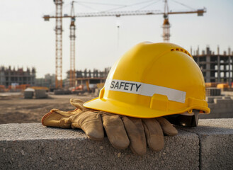 Construction site safety equipment on a concrete block outdoors