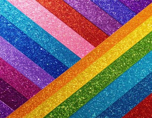 Bright, colorful, shimmering, layered strips of glittery paper in a rainbow