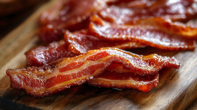 Golden crispy cooked bacon strips arranged on a rustic wooden cutting board with a warm atmosphere