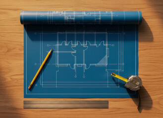 Architectural blueprint with pencil and measuring tape on wooden desk