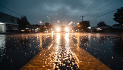 Car driving on a wet road at night during heavy rain