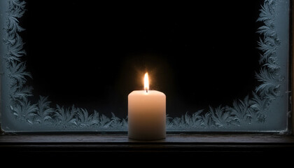 Lit candle on a wooden surface with frosty window in the background