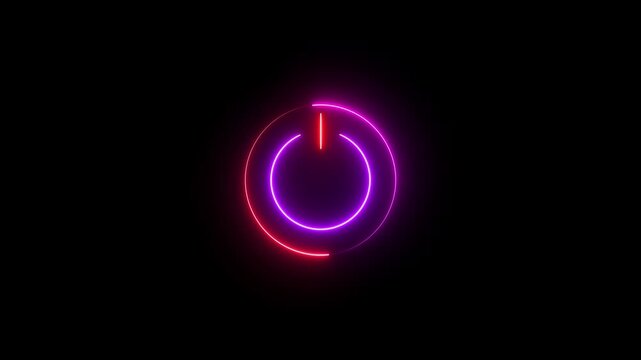 Glowing neon power button icon animation. Switch startup neon turns on off button animation.  Neon power reset button sign animation.