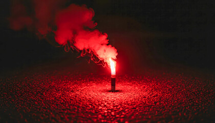 Red smoke flare burning on a dark textured surface at night