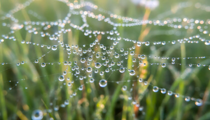 Dew drops on spider web in green grass
