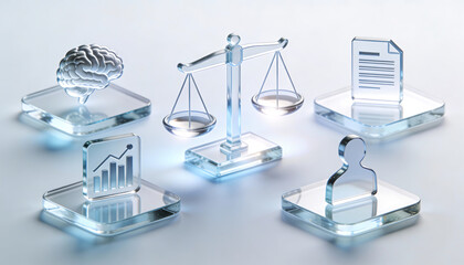 3d glass icons representing ethical artificial intelligence with scales of justice human brain neural network financial growth charts user profile and digital document file