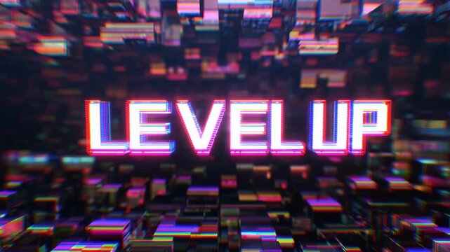 Level Up glowing in colorful neon against a dark digital background. 