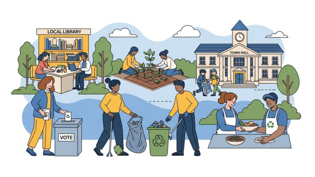 Community engagement illustration people gardening voting recycling and volunteering at library and town hall concept for local action