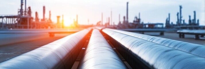 Steel pipes lie on the ground under a sunset at an industrial site near a refinery