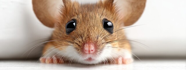 Cute mouse looking curiously at the camera in a light setting in a home environment