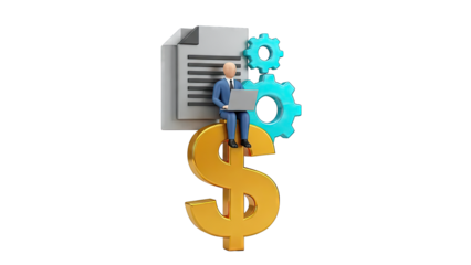 Businessman on Dollar Sign with Laptop and Gears