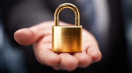 Holding a golden padlock in one hand during a business meeting at office
