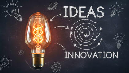 Innovative idea generation with a glowing light bulb on a blackboard
